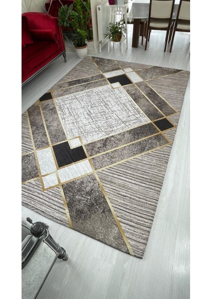 Kahve Gold Şerit Model Lastikli Kadife Halı Örtüsü 4m2-160x230