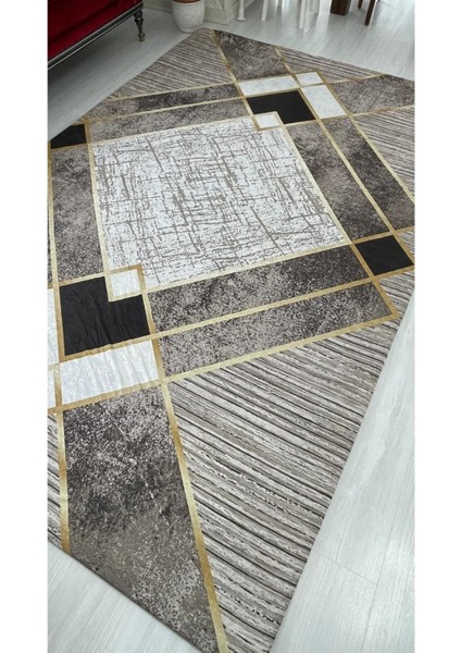 Kahve Gold Şerit Model Lastikli Kadife Halı Örtüsü 4m2-160x230