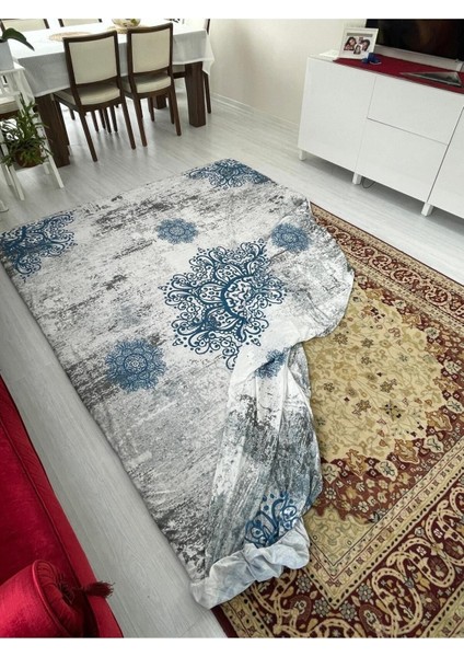 Mavi Padişah Model Ipek Kadife Lastikli Halı Örtüsü 9m2-250x350