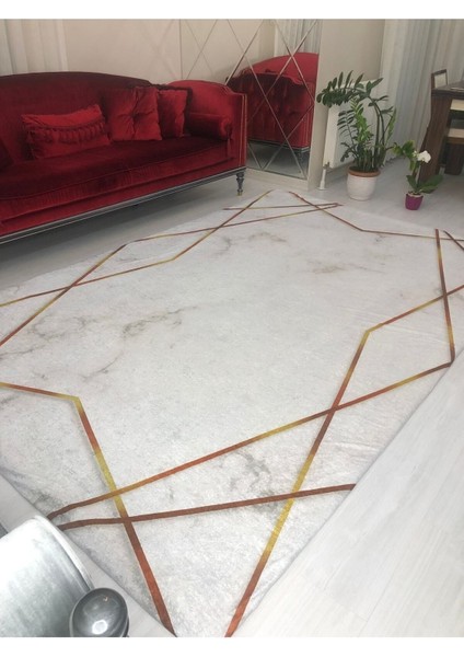 Beyaz Gold Şerit Model Ipek Kadife Lastikli Halı Örtüsü 6m2-200x300