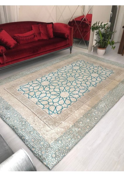 Mavi Çini Model Ipek Kadife Lastikli Halı Örtüsü 6m2-200x300