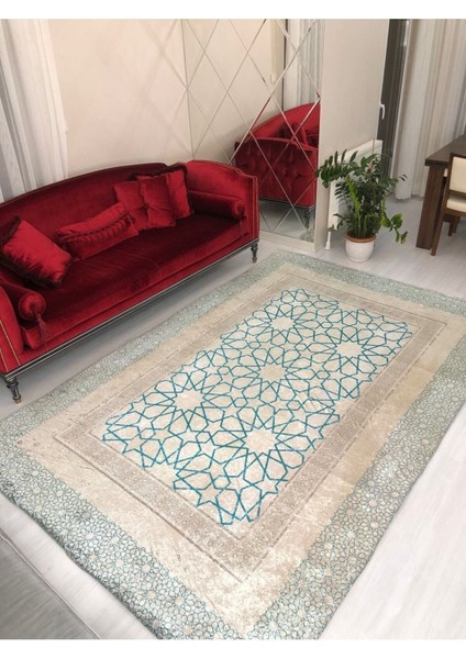 Mavi Çini Model Ipek Kadife Lastikli Halı Örtüsü 6m2-200x300