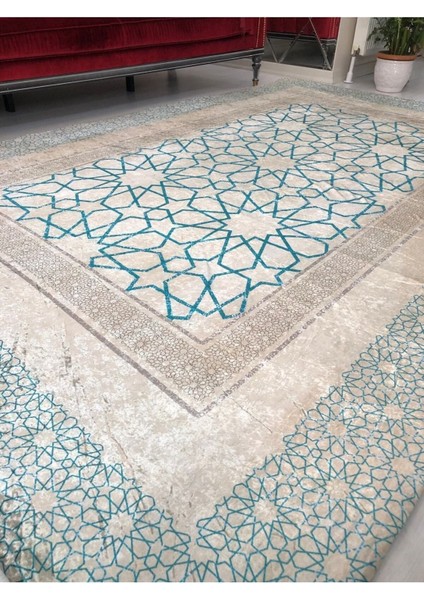 Mavi Çini Model Ipek Kadife Lastikli Halı Örtüsü 6m2-200x300