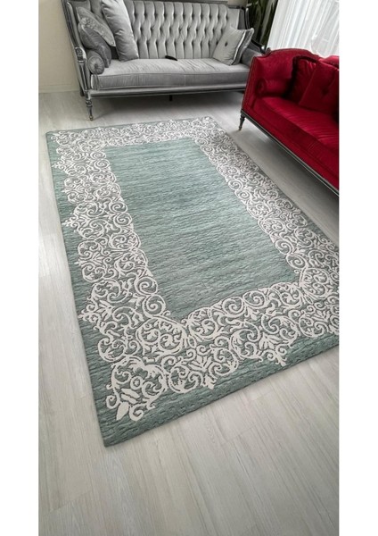 Su Yolu Yeşil Model Lastikli Kadife Halı Örtüsü 4m2-160x230