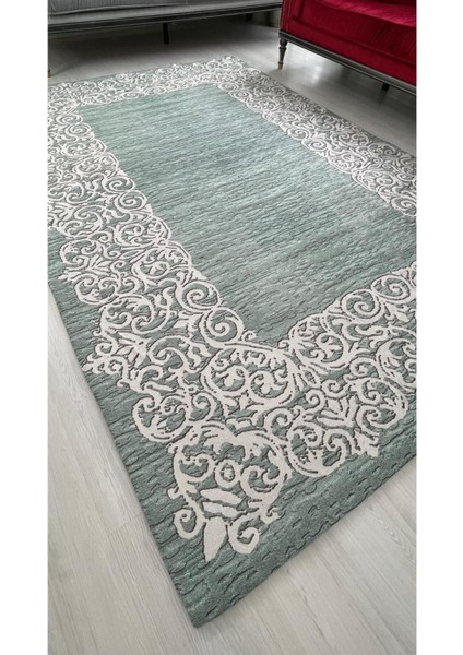 Su Yolu Yeşil Model Lastikli Kadife Halı Örtüsü 4m2-160x230