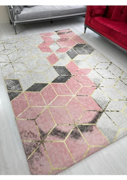 Yeni Model Pudra Piramit Desen Lastikli Halı Örtüsü 4m2-160x230