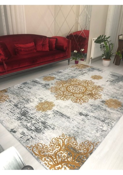 Sarı Padişah Model Ipek Kadife Lastikli Halı Örtüsü 4m2-160x230