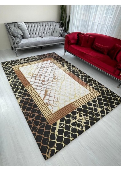 Lüx Siyah Gold Ekose Model Lastikli Kadife Halı Örtüsü 9m2-250x350