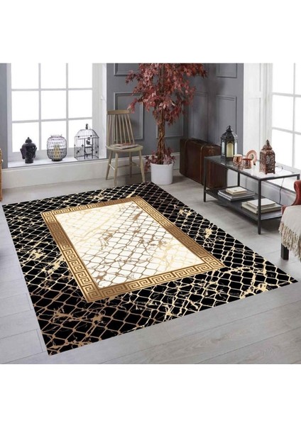 Lüx Siyah Gold Ekose Model Lastikli Kadife Halı Örtüsü 9m2-250x350