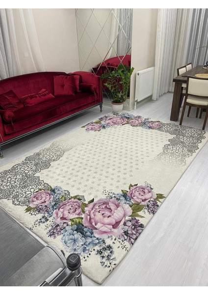 Dantelli Güllü Model Lastikli Kadife Halı Örtüsü 6m2-200x300