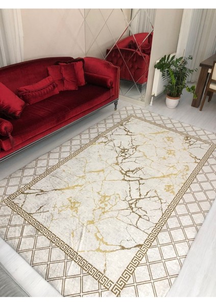 Yeni Model Krem Piramit Lastikli Halı Örtüsü Kadife 4m2-160x230