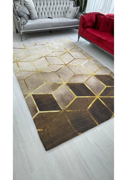 Kahve Piramit Model Ipek Kadife Lastikli Halı Örtüsü 6m2-200x300