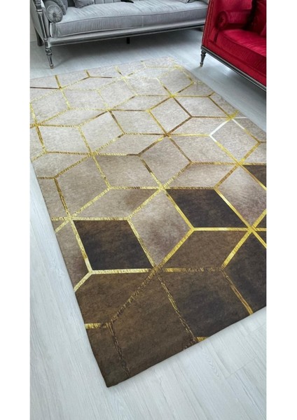 Kahve Piramit Model Ipek Kadife Lastikli Halı Örtüsü 6m2-200x300