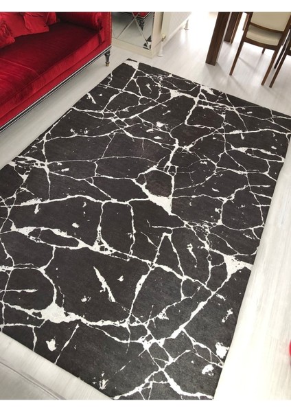 Yeni Model Siyah Mermer Lastikli Kadife Halı Örtüsü 6m2-200x300