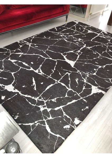 Yeni Model Siyah Mermer Lastikli Kadife Halı Örtüsü 6m2-200x300