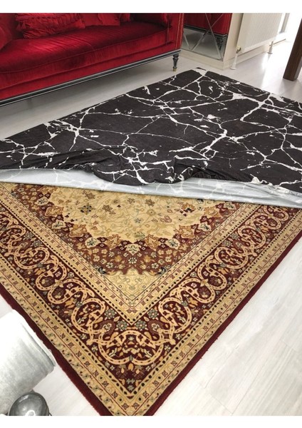 Yeni Model Siyah Mermer Lastikli Kadife Halı Örtüsü 6m2-200x300