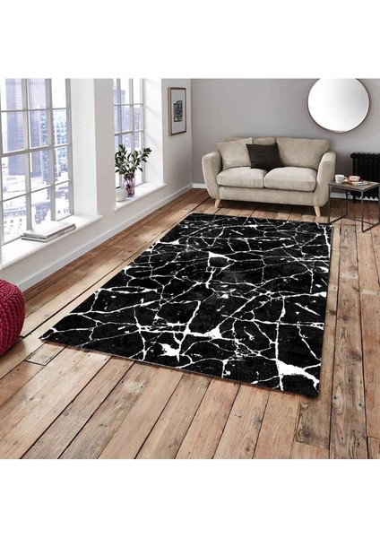 Yeni Model Siyah Mermer Lastikli Kadife Halı Örtüsü 6m2-200x300