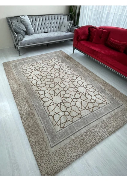 Lüx Kahve Çizgili Model Lastikli Kadife Halı Örtüsü 9m2-250x350