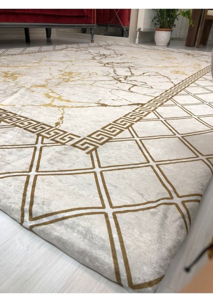 Yeni Model Krem Piramit Lastikli Halı Örtüsü Kadife 6 M2 - 200x300