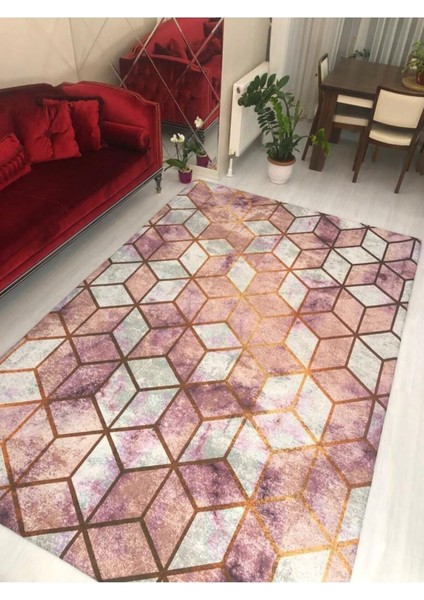 Pembe Piramit Model Ipek Kadife Lastikli Halı Örtüsü 6 M2-200x300