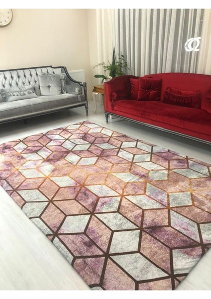 Pembe Piramit Model Ipek Kadife Lastikli Halı Örtüsü 6 M2-200x300