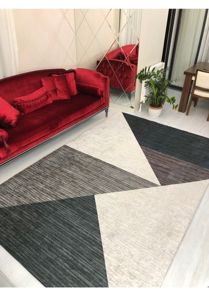 Yeni Piramit Lacivert Gri Krem Lastikli Kadife Halı Örtüsü ( 4 M2 ) 160x230