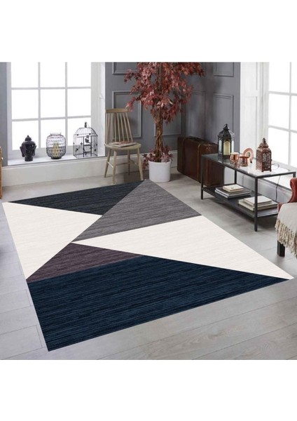 Yeni Piramit Lacivert Gri Krem Lastikli Kadife Halı Örtüsü ( 4 M2 ) 160x230