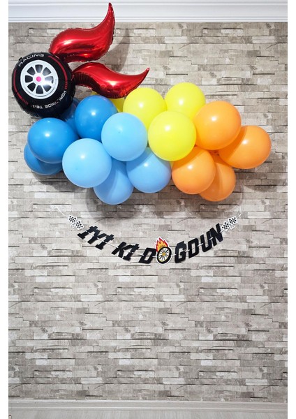 Yarış Tema Doğum Günü Balon Zinciri Seti Fon Perdeli Doğum Günü Süsleme Seti