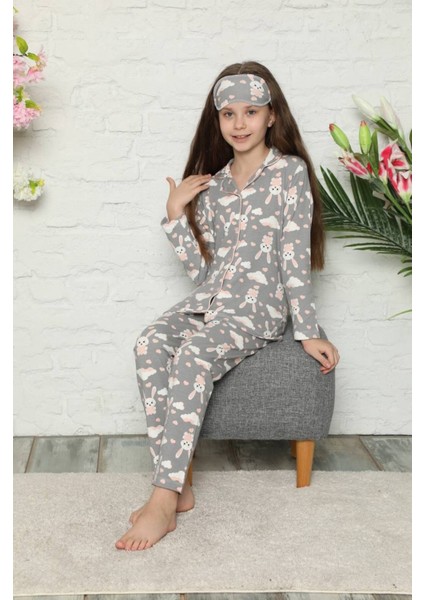 Kız Çocuk Gri Tavşan Desenli Uzun Kollu Pijama Takımı. Göz Bandı Dahildir.