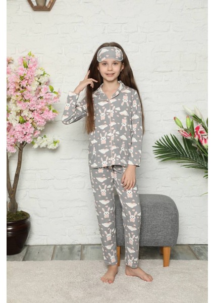 Kız Çocuk Gri Tavşan Desenli Uzun Kollu Pijama Takımı. Göz Bandı Dahildir. fiyatları