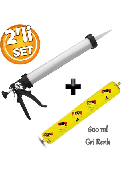 Sosis Pu Silikon Mastik Gri Renk 600 ml Tabanca Güçlü Yapıştırıcı Sızdırmaz Yalıtım Tabancalı Set