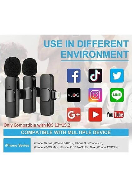 K9 Iphone Uyumlu İkili Kablosuz Yaka Mikrofonu