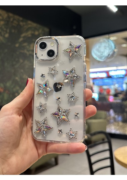 Paladyum Case iPhone 15 Uyumlu Hologram Kristal Taşlı Yıldızlı Şeffaf Kılıf