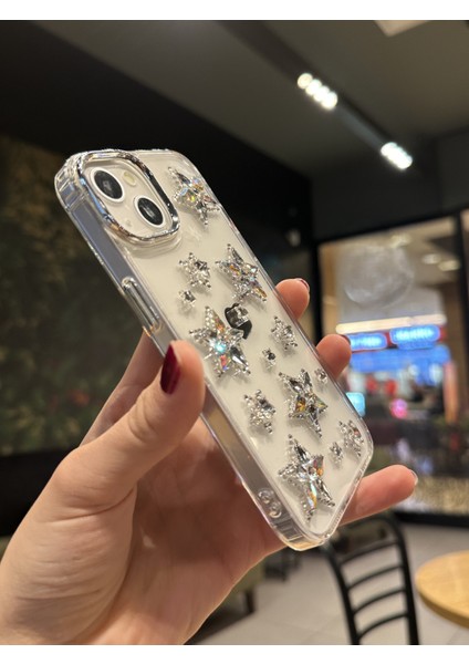 Paladyum Case iPhone 15 Uyumlu Hologram Kristal Taşlı Yıldızlı Şeffaf Kılıf