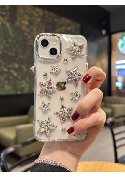 Paladyum Case iPhone 15 Uyumlu Hologram Kristal Taşlı Yıldızlı Şeffaf Kılıf