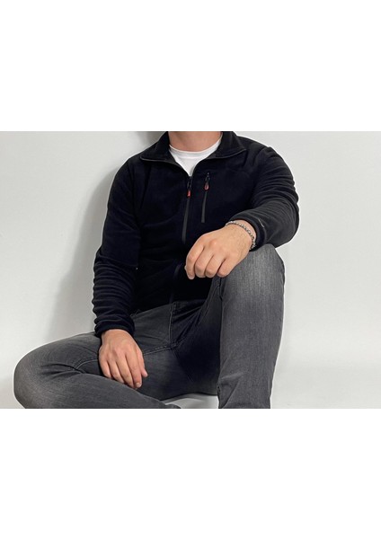 Erkek Siyah Polar 3 Cepli Outdoor Rüzgar Geçirmez Tam Fermuarlı