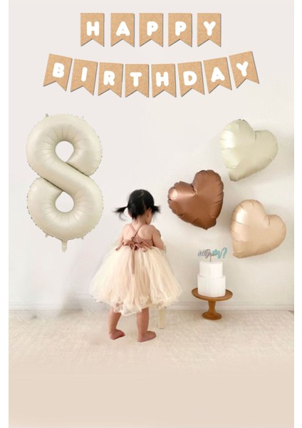Retro Krem 8 Yaş Balonlu Happy Birthday Kraft Bannerlı 3 Retro Kalp Balonlu Balon Seti