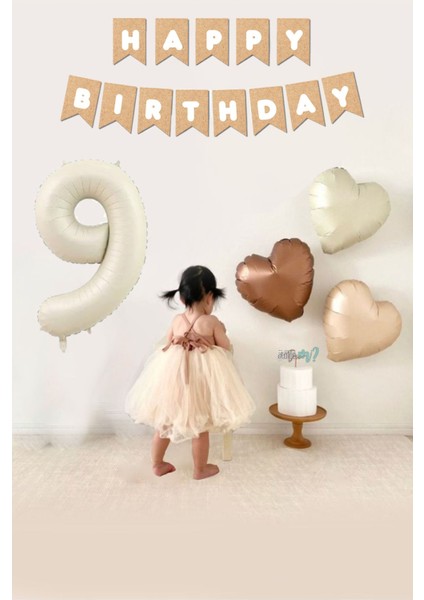 Retro Krem 9 Yaş Balonlu Happy Birthday Kraft Bannerlı 3 Retro Kalp Balonlu Balon Seti