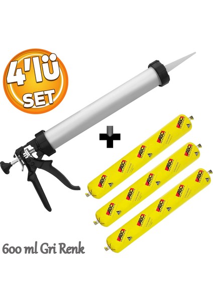 Sosis Pu Silikon Mastik Gri Renk 600 ml Güçlü Yapıştırıcı Sızdırmaz Yalıtım Tabancalı 4'lü Set
