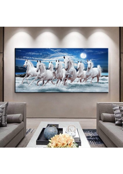 Dekoratif Baskı Koşan Beyaz Atlar Kanvas Tablo