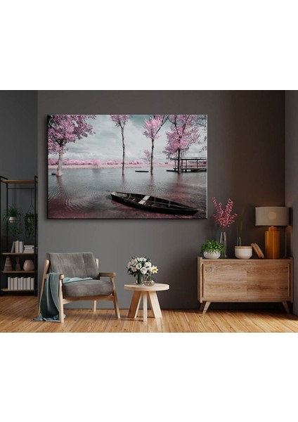 Dekoratif Pembe Çiçekli Gölde Kayık Kanvas Tablo