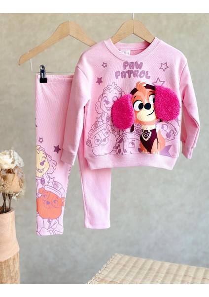 Kız Çocuk Sallanan Kulak Detaylı 3 Iplik Paw Patrol Baskılı Fitilli Taytlı Alt Üst Takım