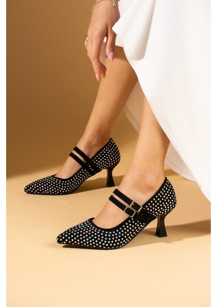 Taşlı Kemer Detaylı Rahat Kalıp Kadeh Topuklu Kadın Ayakkabı 53-1000-24TAŞLI