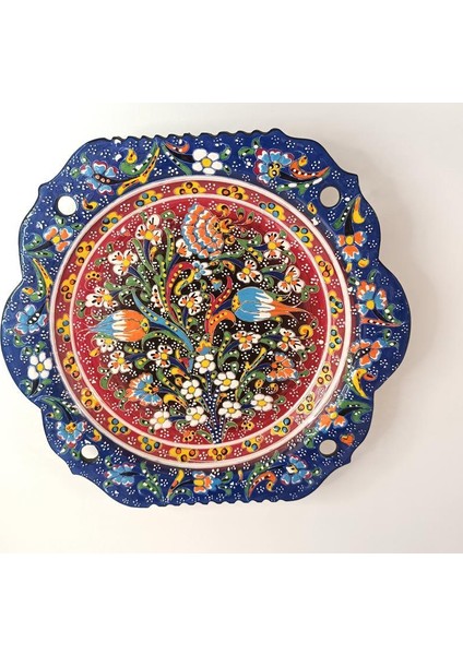 Çini El Yapımı Kabartma Etnik Çiçek Lale Desen Seramik Çini Tabak 30 cm