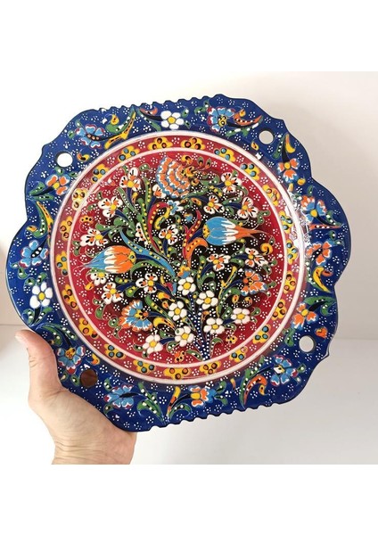 Çini El Yapımı Kabartma Etnik Çiçek Lale Desen Seramik Çini Tabak 30 cm