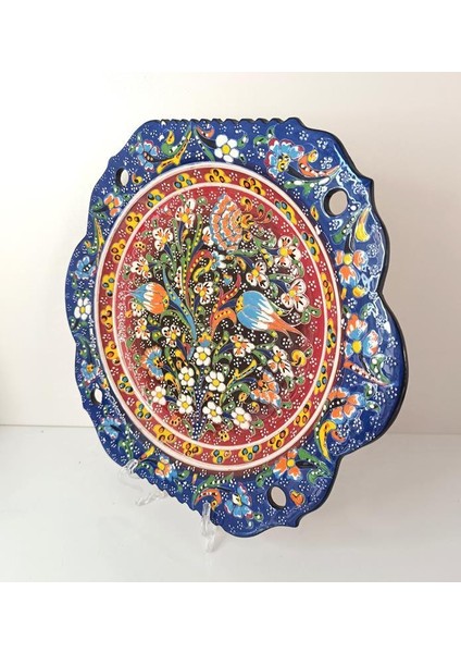 Çini El Yapımı Kabartma Etnik Çiçek Lale Desen Seramik Çini Tabak 30 cm
