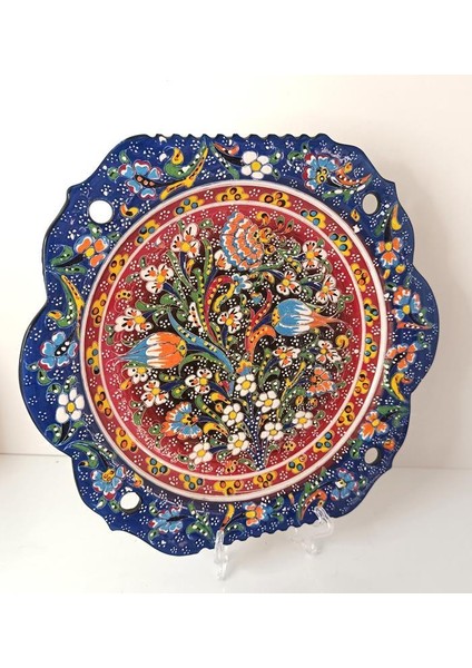 Çini El Yapımı Kabartma Etnik Çiçek Lale Desen Seramik Çini Tabak 30 cm