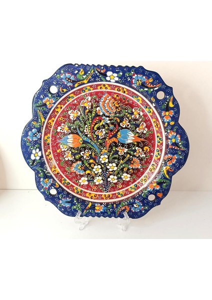 Çini El Yapımı Kabartma Etnik Çiçek Lale Desen Seramik Çini Tabak 30 cm