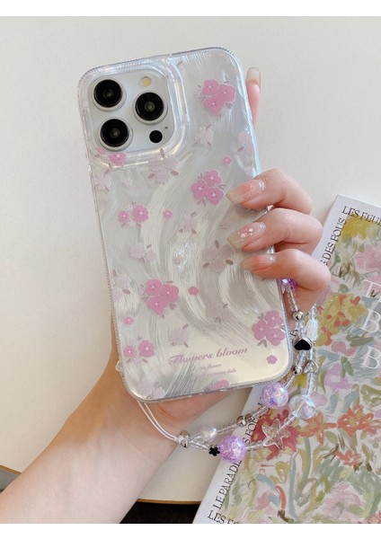 iPhone 15 Pro Uyumlu Lila Çiçekli Desenli Boncuklu Bilek Askılı Charmlı Kılıf