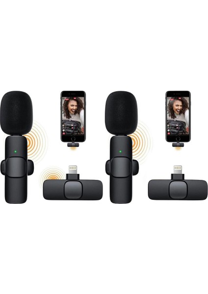 Starkpro K8 Profesyonel Lighting Iphone Kablosuz Taşınabilir Yaka Mikrofonu 2li paket